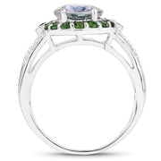Bids.com 3.92 Carat Genuine Rainbow Quartz and Chrome Diopside .925 Sterling Silver Ring Rings