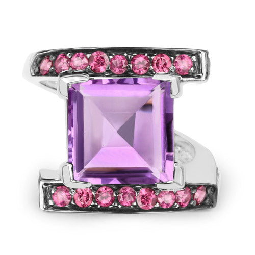 Bids.com 6.90 Carat Genuine Amethyst and Rhodolite .925 Sterling Silver Ring Rings