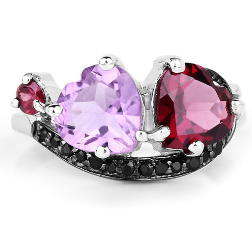 Bids.com 4.07 Carat Genuine Amethyst, Rhodolite & Black Spinel .925 Sterling Silver Ring Rings