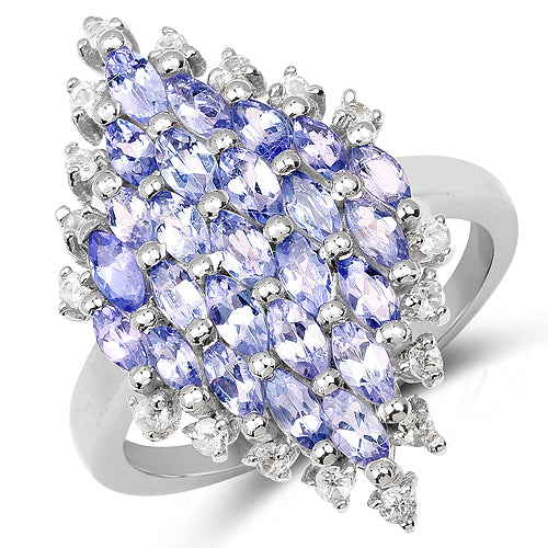 Bids.com 2.40 Carat Genuine Tanzanite and White Topaz .925 Sterling Silver Ring Rings