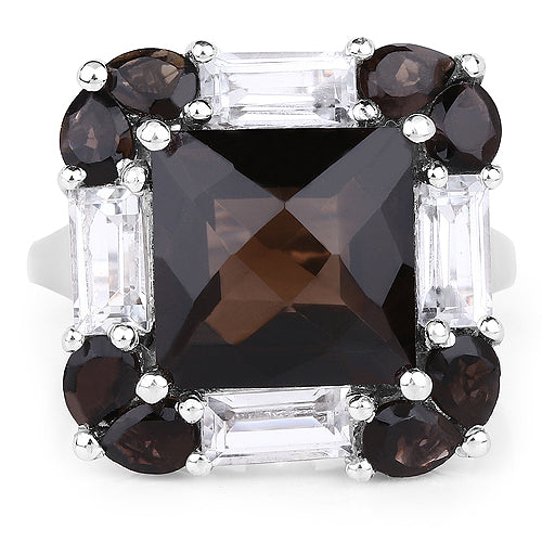 Bids.com 7.43 Carat Genuine Smoky Quartz & White Topaz .925 Sterling Silver Ring Rings