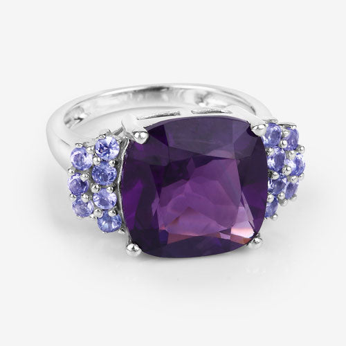 Bids.com 6.34 Carat Genuine Amethyst and Tanzanite .925 Sterling Silver Ring Rings