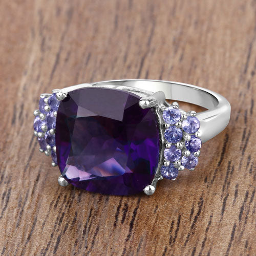 Bids.com 6.34 Carat Genuine Amethyst and Tanzanite .925 Sterling Silver Ring Rings