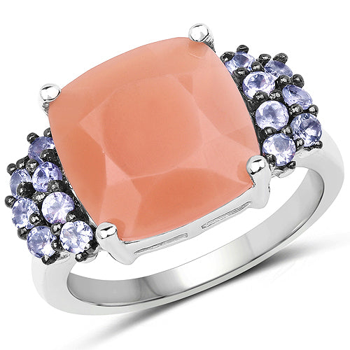 Bids.com 6.18 Carat Genuine Peach Moonstone and Tanzanite .925 Sterling Silver Ring Rings