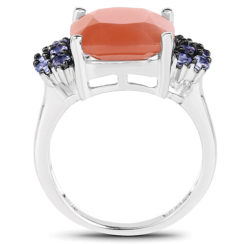 Bids.com 6.18 Carat Genuine Peach Moonstone and Tanzanite .925 Sterling Silver Ring Rings