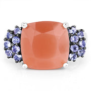 Bids.com 6.18 Carat Genuine Peach Moonstone and Tanzanite .925 Sterling Silver Ring Rings