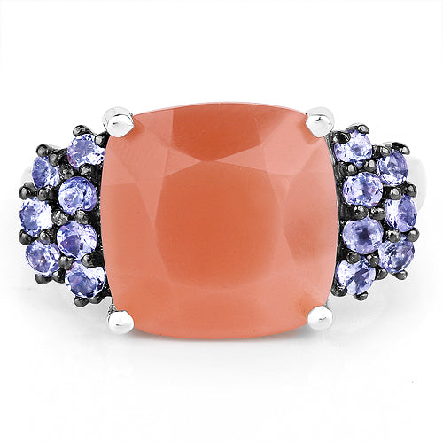 Bids.com 6.18 Carat Genuine Peach Moonstone and Tanzanite .925 Sterling Silver Ring Rings