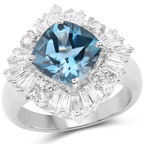 Bids.com 5.19 Carat Genuine London Blue Topaz & White Topaz .925 Sterling Silver Ring Rings