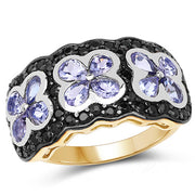 Bids.com 14K Yellow Gold Plated 2.60 Carat Genuine Tanzanite and Black Spinel .925 Sterling Silver Ring Rings