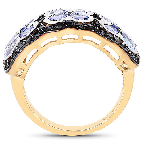 Bids.com 14K Yellow Gold Plated 2.60 Carat Genuine Tanzanite and Black Spinel .925 Sterling Silver Ring Rings