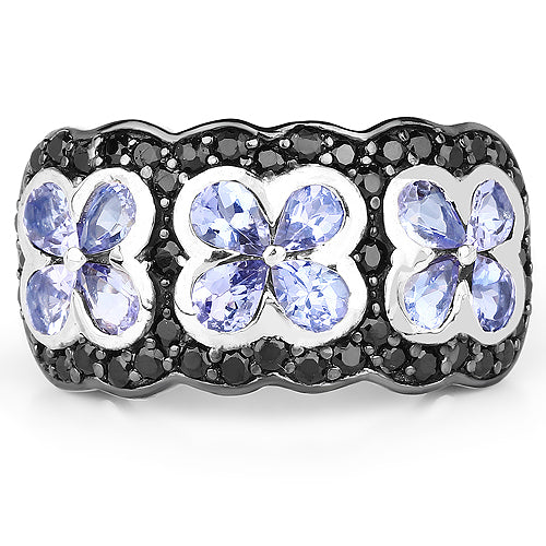 Bids.com 14K Yellow Gold Plated 2.60 Carat Genuine Tanzanite and Black Spinel .925 Sterling Silver Ring Rings
