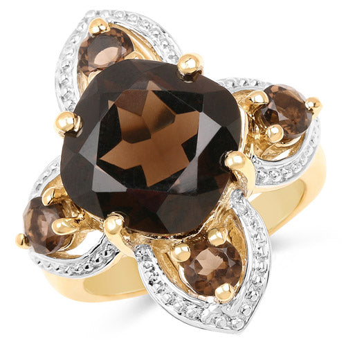 Bids.com 14K Yellow Gold Plated 5.92 Carat Genuine Smoky Quartz .925 Sterling Silver Ring Rings