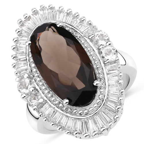 Bids.com 8.12 Carat Genuine Smoky Quartz and White Topaz .925 Sterling Silver Ring Rings
