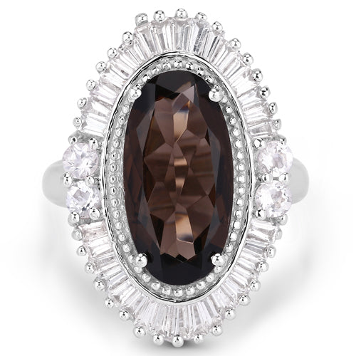 Bids.com 8.12 Carat Genuine Smoky Quartz and White Topaz .925 Sterling Silver Ring Rings