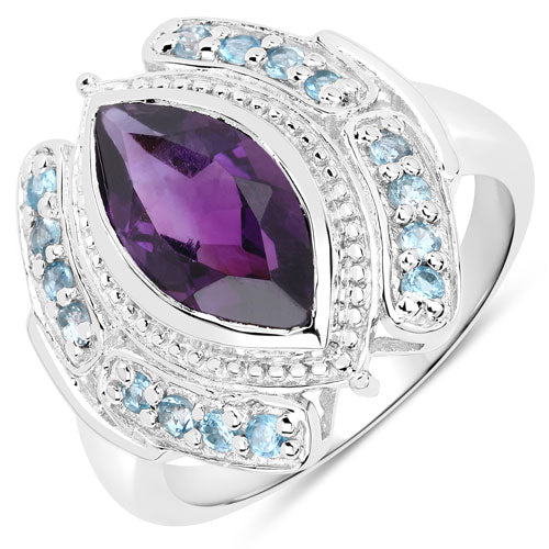 Bids.com 3.06 Carat Genuine Amethyst and London Blue Topaz .925 Sterling Silver Ring Rings