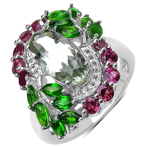 Bids.com 3.64 Carat Genuine Green Amethyst, Chrome Diopside and Rhodolite .925 Sterling Silver Ring Rings