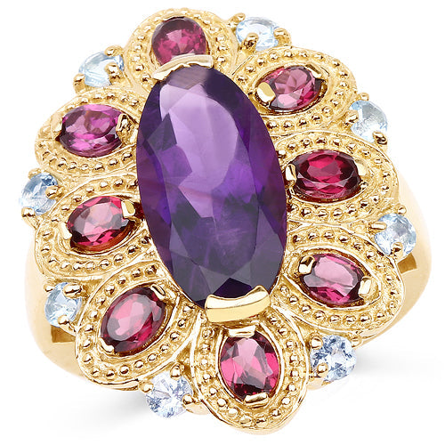 Bids.com 14K Yellow Gold Plated 6.80 Carat Genuine Amethyst, Rhodolite & Blue Topaz .925 Sterling Silver Ring Rings