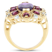 Bids.com 14K Yellow Gold Plated 6.80 Carat Genuine Amethyst, Rhodolite & Blue Topaz .925 Sterling Silver Ring Rings