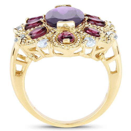 Bids.com 14K Yellow Gold Plated 6.80 Carat Genuine Amethyst, Rhodolite & Blue Topaz .925 Sterling Silver Ring Rings