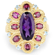 Bids.com 14K Yellow Gold Plated 6.80 Carat Genuine Amethyst, Rhodolite & Blue Topaz .925 Sterling Silver Ring Rings