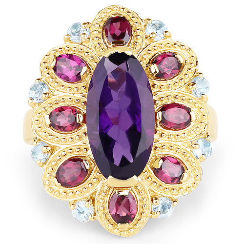 Bids.com 14K Yellow Gold Plated 6.80 Carat Genuine Amethyst, Rhodolite & Blue Topaz .925 Sterling Silver Ring Rings