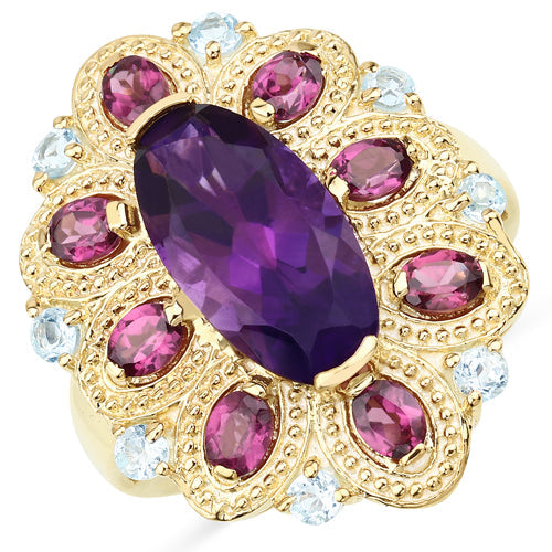 Bids.com 6.80 Carat Genuine Amethyst, Rhodolite and Blue Topaz .925 Sterling Silver Ring Rings