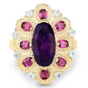 Bids.com 6.80 Carat Genuine Amethyst, Rhodolite and Blue Topaz .925 Sterling Silver Ring Rings