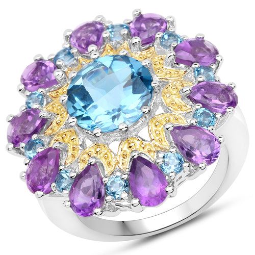 Bids.com 8.86 Carat Genuine London Blue Topaz and Amethyst .925 Sterling Silver Ring Rings