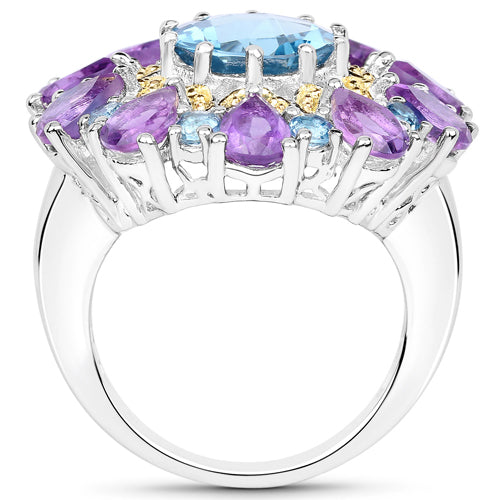 Bids.com 8.86 Carat Genuine London Blue Topaz and Amethyst .925 Sterling Silver Ring Rings