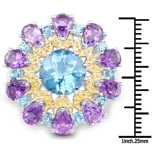 Bids.com 8.86 Carat Genuine London Blue Topaz and Amethyst .925 Sterling Silver Ring Rings