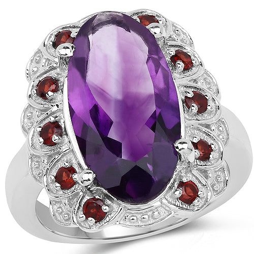 Bids.com 6.40 Carat Genuine Amethyst and Garnet .925 Sterling Silver Ring Rings