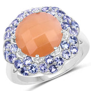 Bids.com 7.20 Carat Genuine Peach Moonstone and Tanzanite .925 Sterling Silver Ring Rings