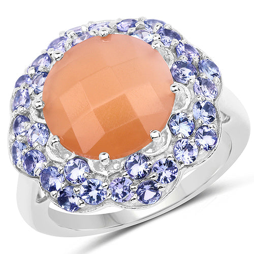 Bids.com 7.20 Carat Genuine Peach Moonstone and Tanzanite .925 Sterling Silver Ring Rings