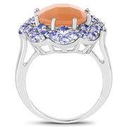 Bids.com 7.20 Carat Genuine Peach Moonstone and Tanzanite .925 Sterling Silver Ring Rings