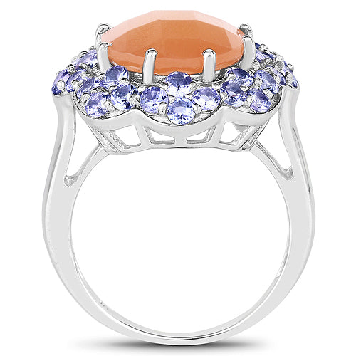 Bids.com 7.20 Carat Genuine Peach Moonstone and Tanzanite .925 Sterling Silver Ring Rings