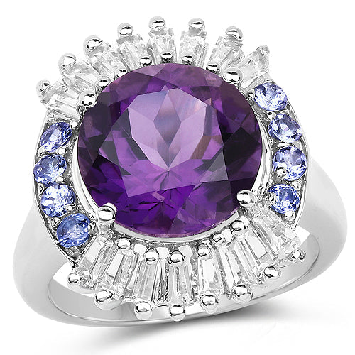 Bids.com 5.24 Carat Genuine Amethyst, Tanzanite & White Topaz .925 Sterling Silver Ring Rings