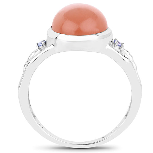 Bids.com 6.54 Carat Genuine Peach Moonstone and Tanzanite .925 Sterling Silver Ring Rings