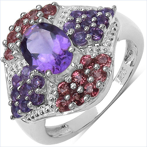 Bids.com 2.24 Carat Genuine Amethyst and Rhodolite .925 Sterling Silver Ring Rings