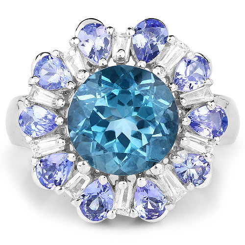 Bids.com 6.19 Carat Genuine London Blue Topaz, Tanzanite & White Topaz .925 Sterling Silver Ring Rings