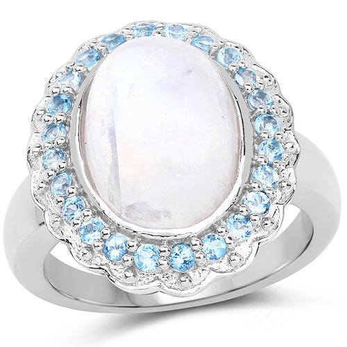 Bids.com 7.21 Carat Genuine White Rainbow Moonstone & Swiss Blue Topaz .925 Sterling Silver Ring Rings