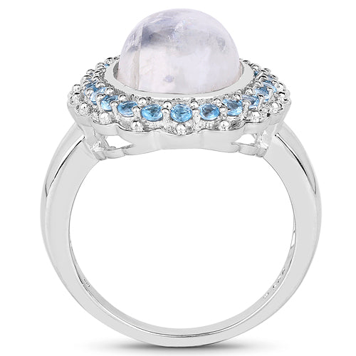 Bids.com 7.21 Carat Genuine White Rainbow Moonstone & Swiss Blue Topaz .925 Sterling Silver Ring Rings
