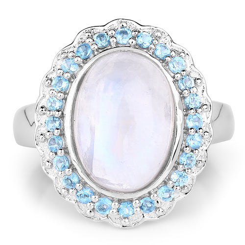 Bids.com 7.21 Carat Genuine White Rainbow Moonstone & Swiss Blue Topaz .925 Sterling Silver Ring Rings