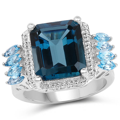 Bids.com 8.17 Carat Genuine London Blue Topaz and Swiss Blue Topaz .925 Sterling Silver Ring Rings