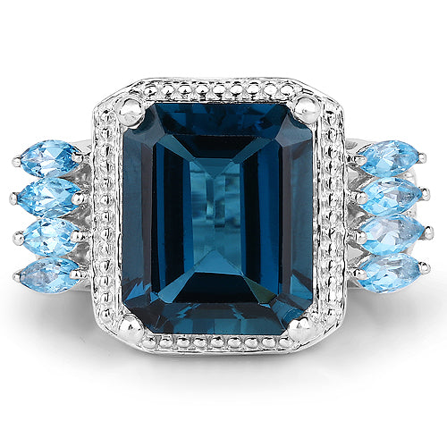 Bids.com 8.17 Carat Genuine London Blue Topaz and Swiss Blue Topaz .925 Sterling Silver Ring Rings