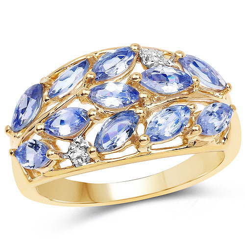 Bids.com 14K Yellow Gold Plated 1.56 Carat Genuine Tanzanite and White Topaz .925 Sterling Silver Ring Rings