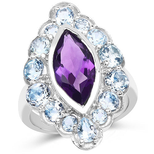 Bids.com 5.30 Carat Genuine Amethyst and Blue Topaz .925 Sterling Silver Ring Rings