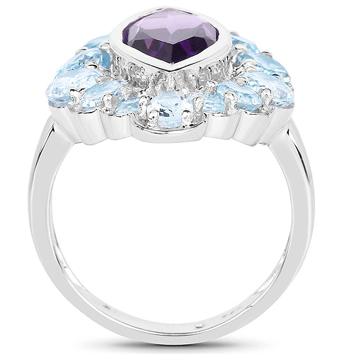 Bids.com 5.30 Carat Genuine Amethyst and Blue Topaz .925 Sterling Silver Ring Rings