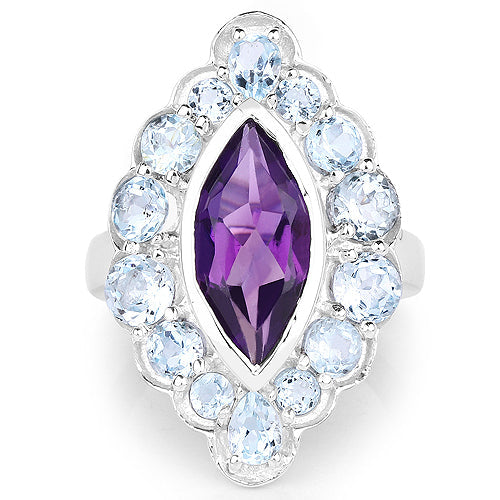 Bids.com 5.30 Carat Genuine Amethyst and Blue Topaz .925 Sterling Silver Ring Rings