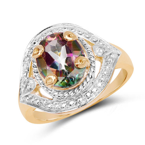 Bids.com 14K Yellow Gold Plated 3.15 Carat Genuine Quartz Mystic .925 Sterling Silver Ring Rings