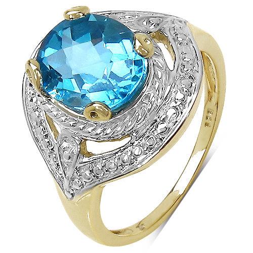 Bids.com 14K Yellow Gold Plated 3.25 Carat Genuine Swiss Blue Topaz .925 Sterling Silver Ring Rings